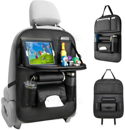 Car seat organizer with tablet holder, cup holders, and snack tray on a white background