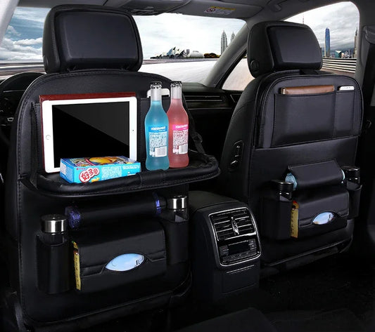Car backseat organizer with tablet, drinks, and snacks in a vehicle interior.