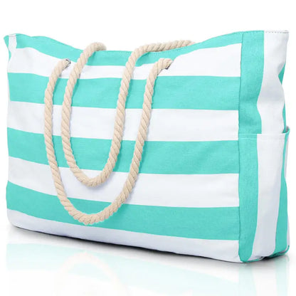 Teal and white striped tote bag with rope handles on a white background