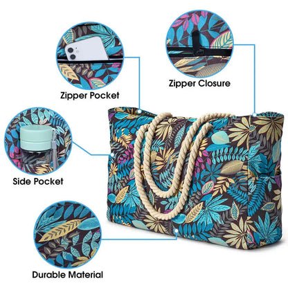 Floral patterned bag with features highlighted on a white background