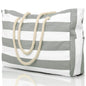 Gray and white striped tote bag with rope handles on a white background
