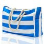 Blue and white striped tote bag with rope handles on a light blue background