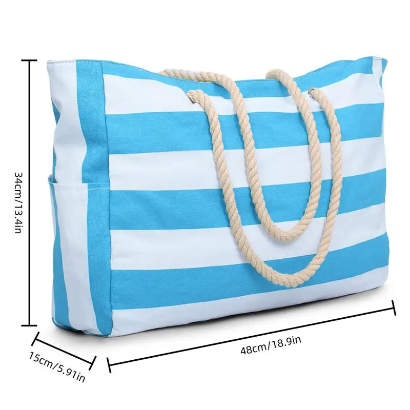Blue and white striped tote bag with rope handles and dimensions displayed.
