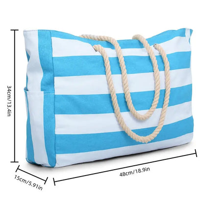 Blue and white striped tote bag with rope handles and dimensions displayed.