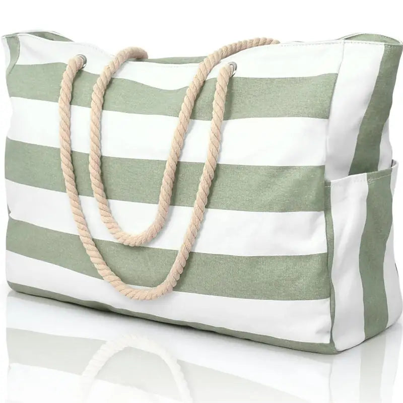 Green and white striped tote bag with rope handles on a white background
