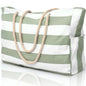 Green and white striped tote bag with rope handles on a white background