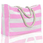 Pink and white striped tote bag with rope handles on a white background