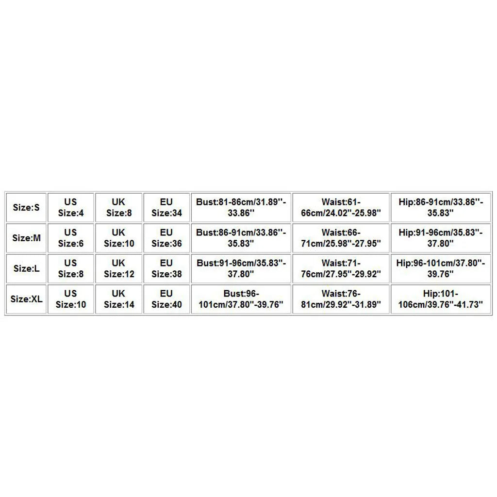Size chart with measurements for clothing in various international sizes