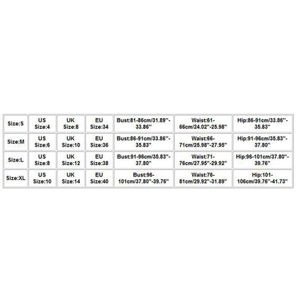 Size chart with measurements for clothing in various international sizes