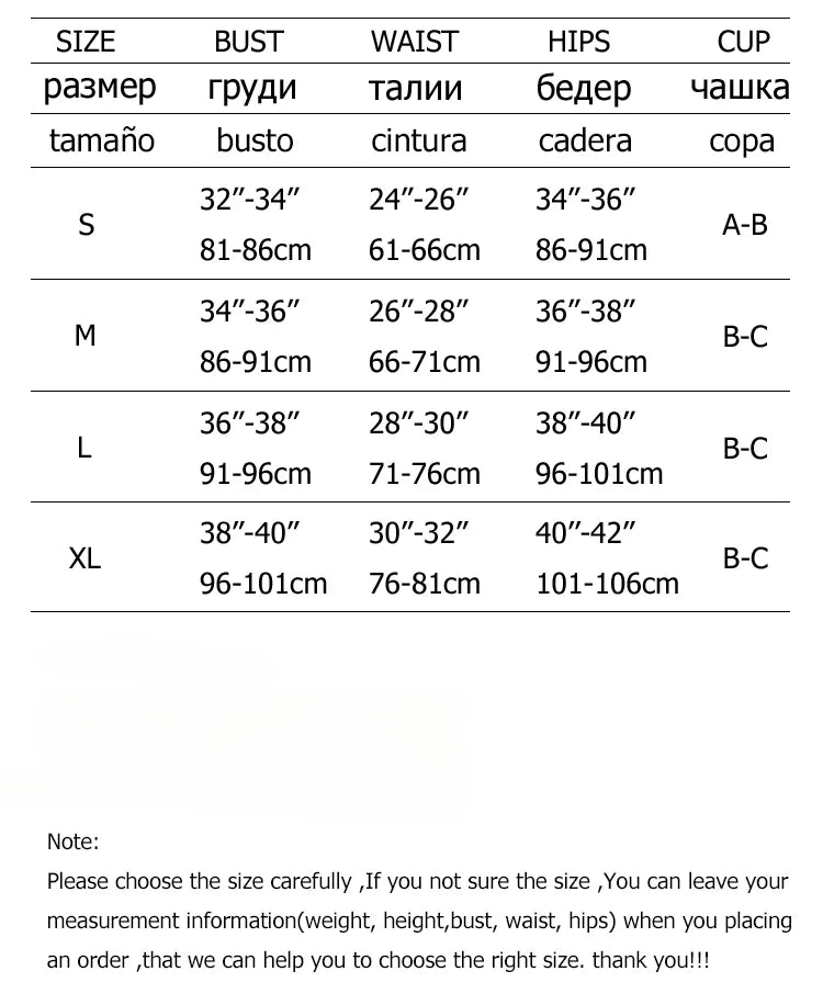 Size chart for clothing with measurements in centimeters and inches.