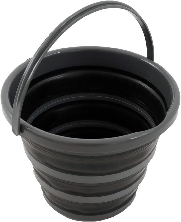 Collapsible gray bucket with handle on a white background