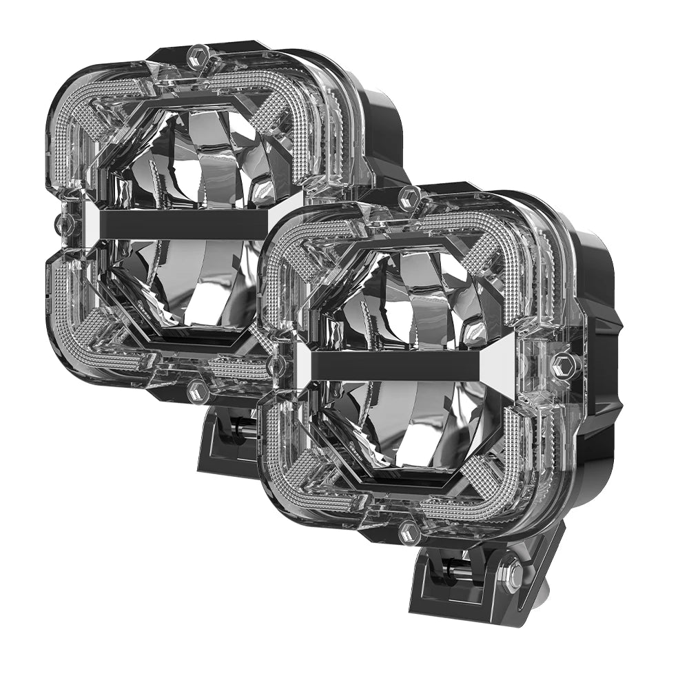 Two black and clear LED lights on a white background