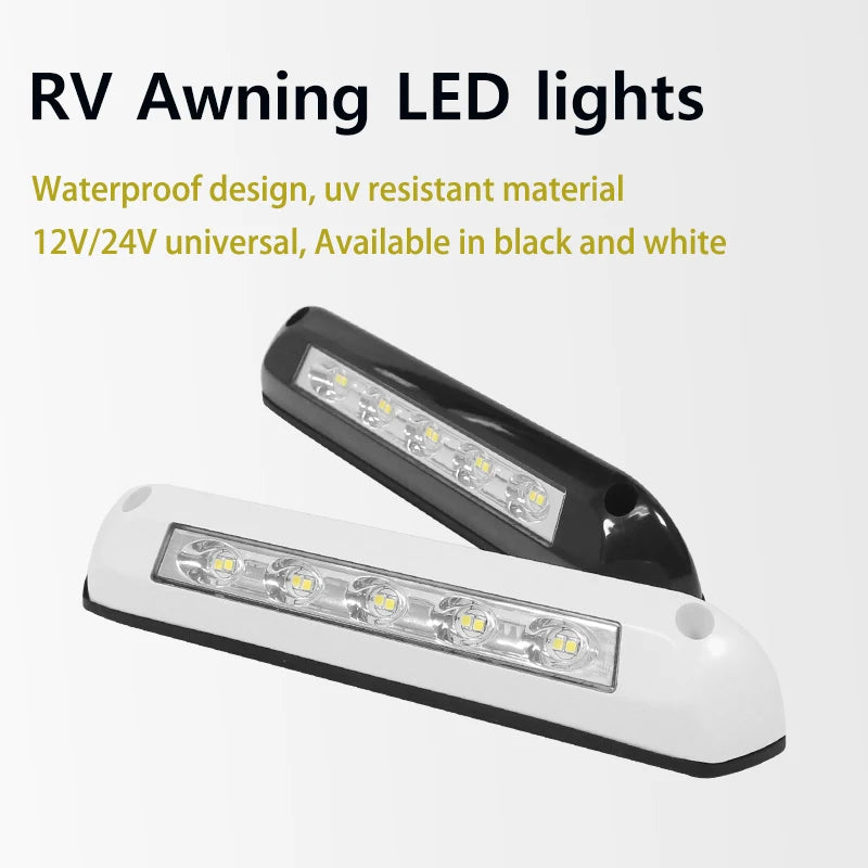 Two RV awning LED lights on a white background with text about their features.