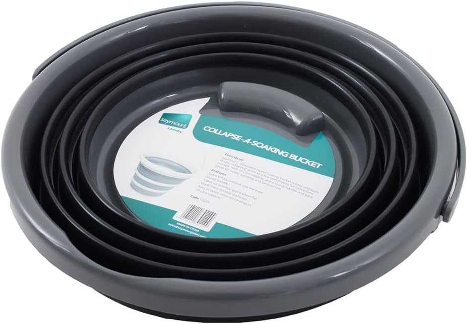 Collapsible soaking bucket with a label on a white background