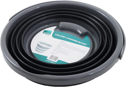 Collapsible soaking bucket with a label on a white background