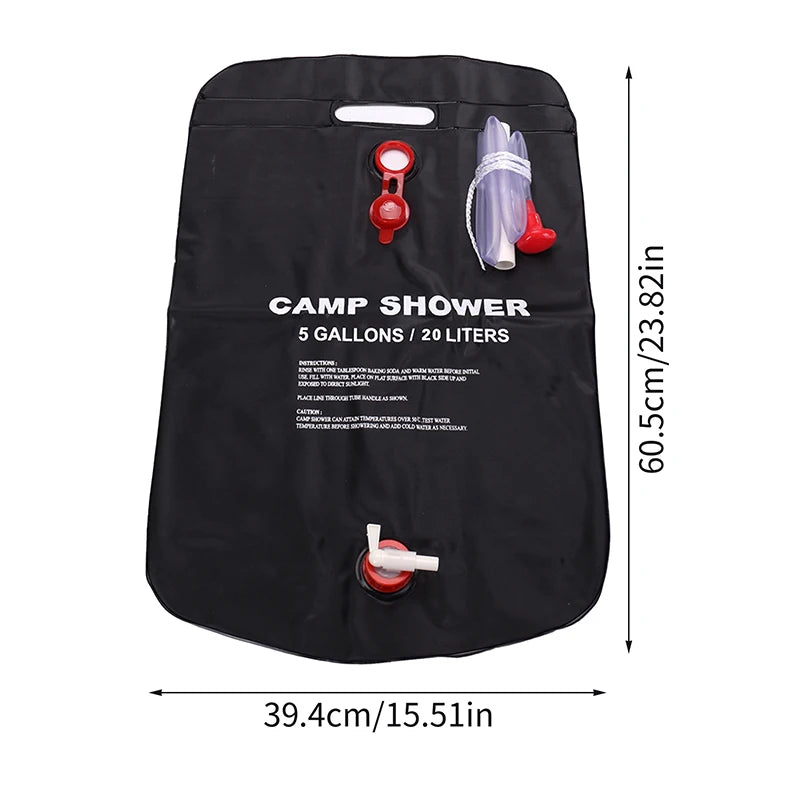 Black camp shower with measurement details on a white background