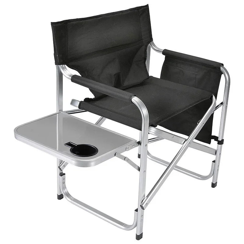 Black folding chair with a tray and cup holder on a white background