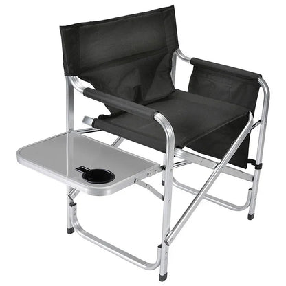 Black folding chair with a tray and cup holder on a white background