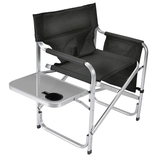 Black folding chair with a tray and cup holder on a white background