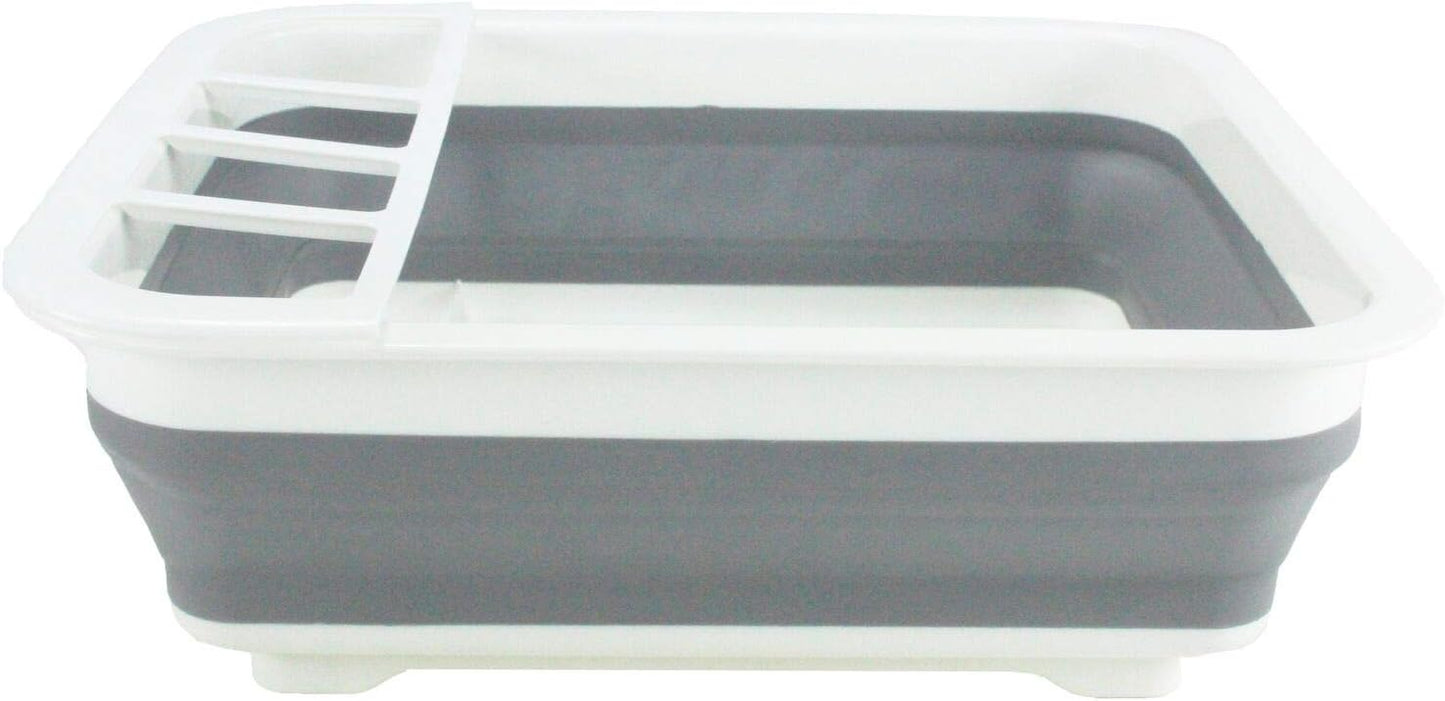Collapsible gray and white dish rack on a white background