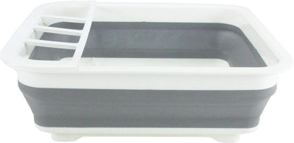 Collapsible gray and white dish rack on a white background