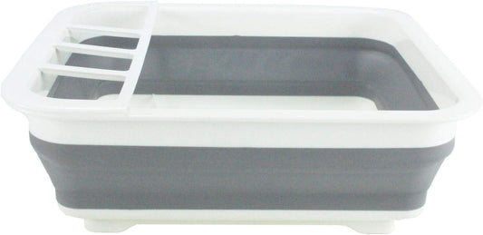 Collapsible gray and white dish rack on a white background