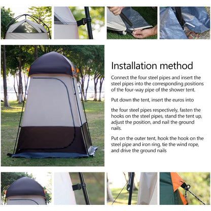 Step-by-step installation guide for a shower tent with text instructions.