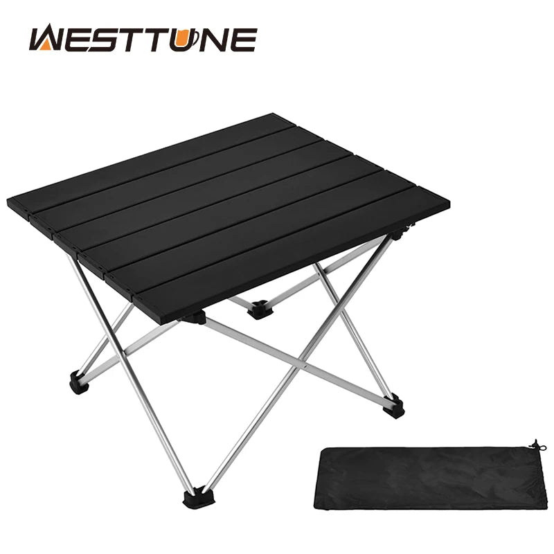 Black folding table with silver legs and a black carrying bag on a white background, featuring the Westtune brand.
