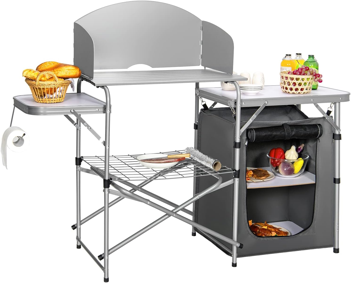 Portable camping kitchen with shelves and food items on a white background