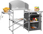 Portable camping kitchen with shelves and food items on a white background