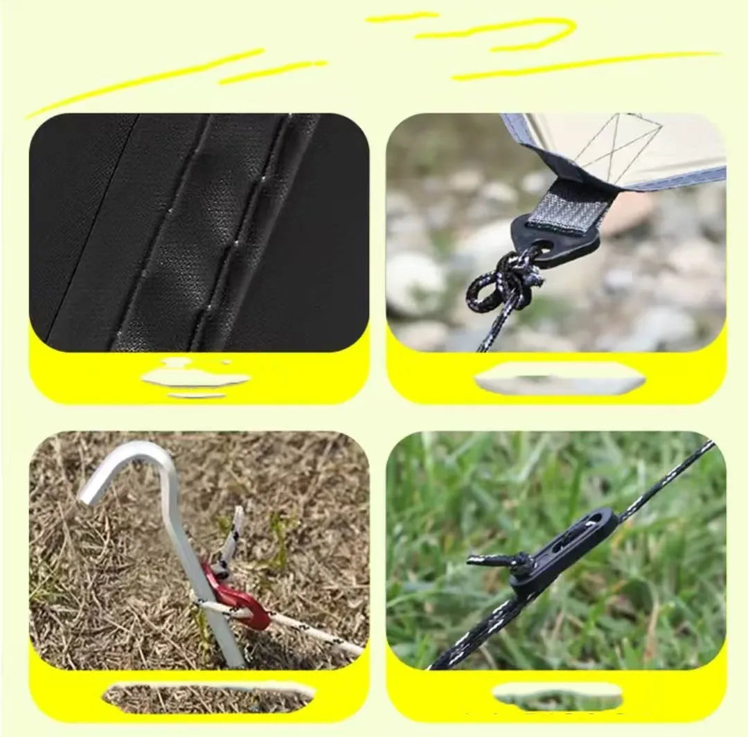 Collage of a black metal hook and chain in various settings with yellow borders.