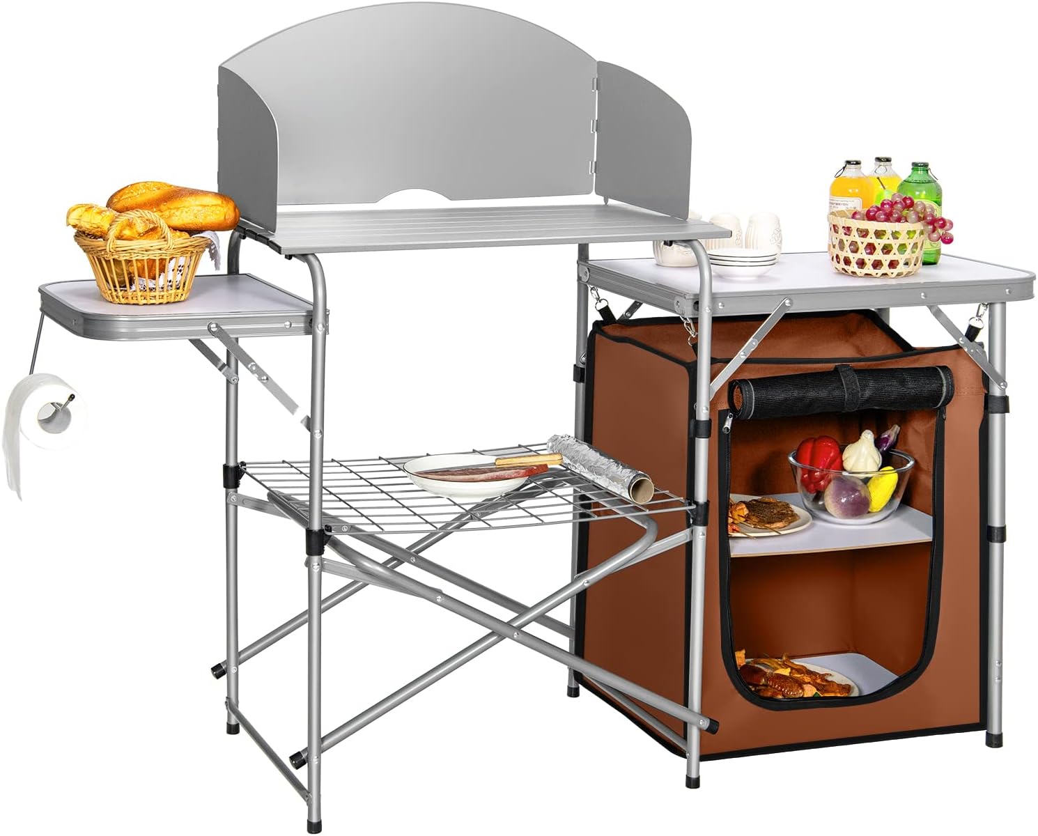 Portable outdoor kitchen with shelves, grill, and storage compartment on a white background