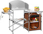 Portable outdoor kitchen with shelves, grill, and storage compartment on a white background