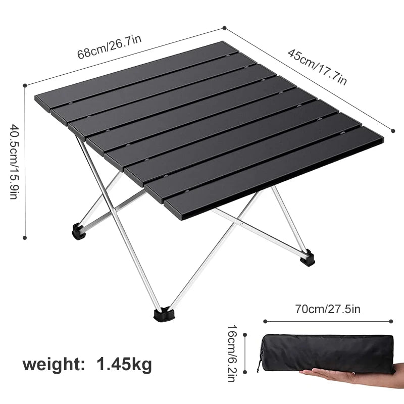 Black folding table with dimensions and weight information on a white background