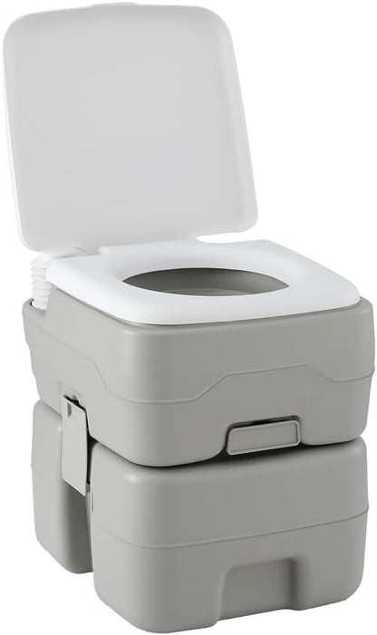Portable toilet with a lid open on a white background