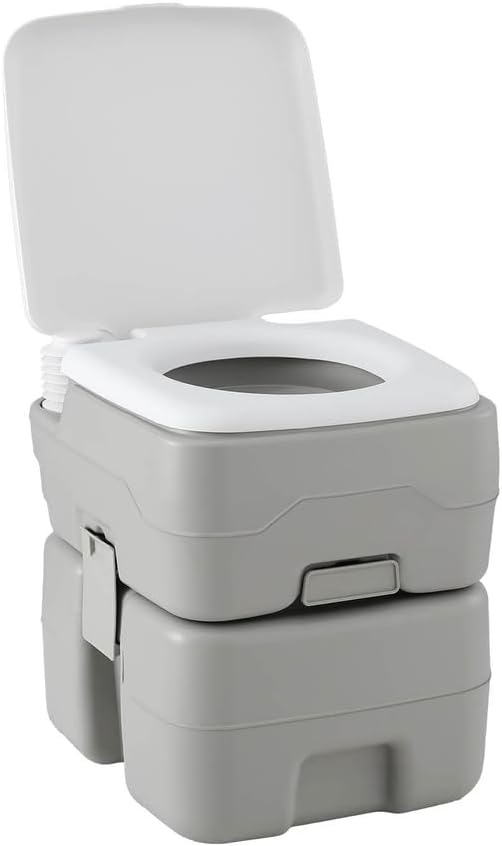 Portable toilet with a lid open on a white background