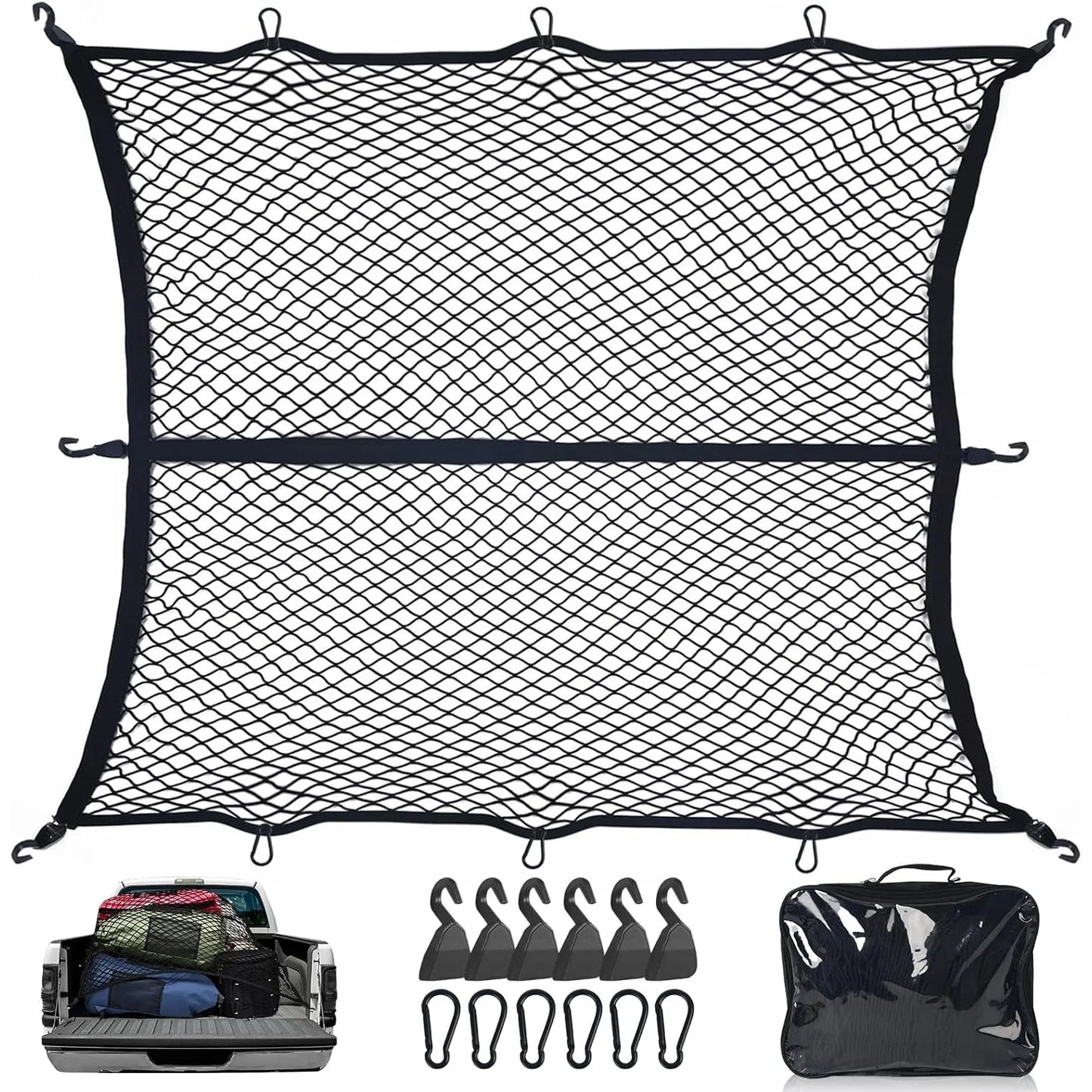 Black mesh cargo organizer with car hooks and storage bag on a white background