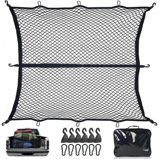 Black mesh cargo organizer with car hooks and storage bag on a white background