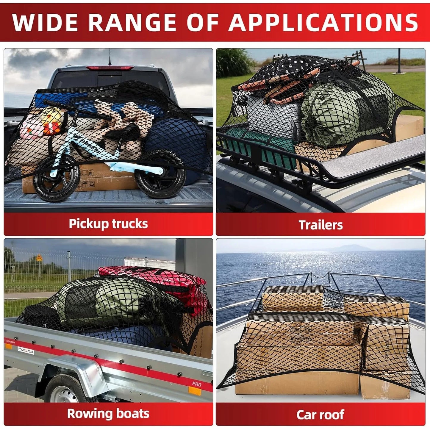 Collage of a cargo net being used on various surfaces including a pickup truck bed, trailer, rowing boat, and car roof.