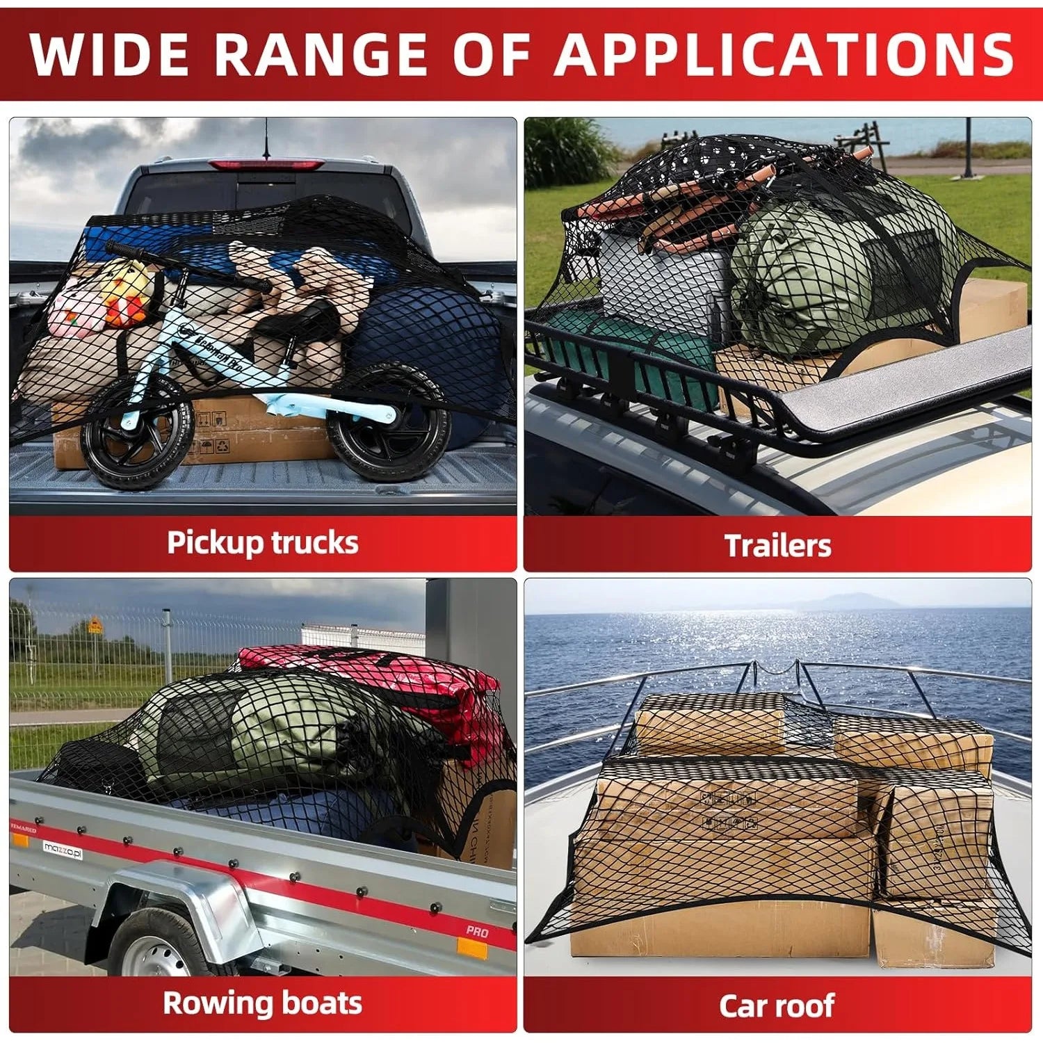 Collage of a cargo net being used on various surfaces including a pickup truck bed, trailer, rowing boat, and car roof.