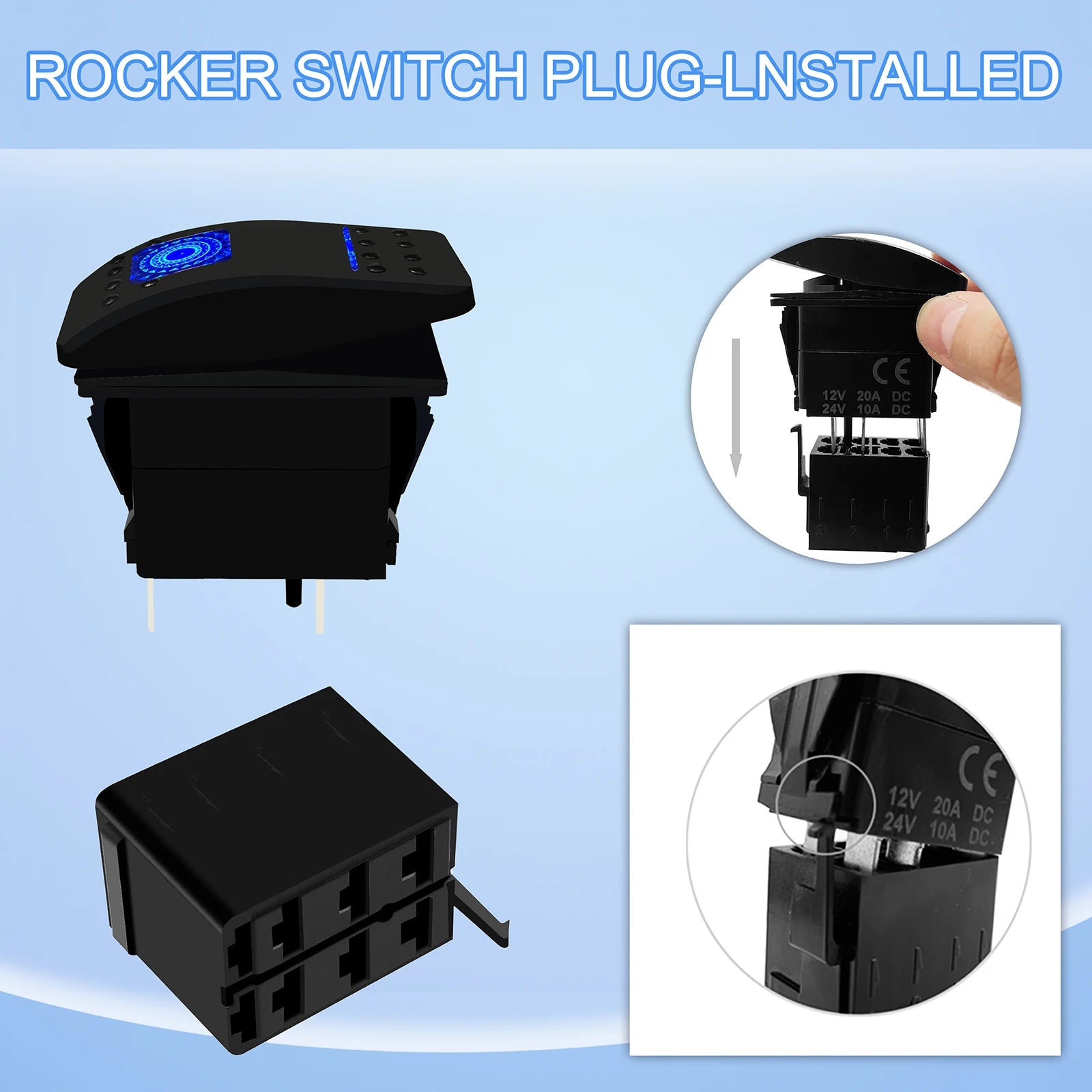 Rocker switch with plug installed on a light blue background