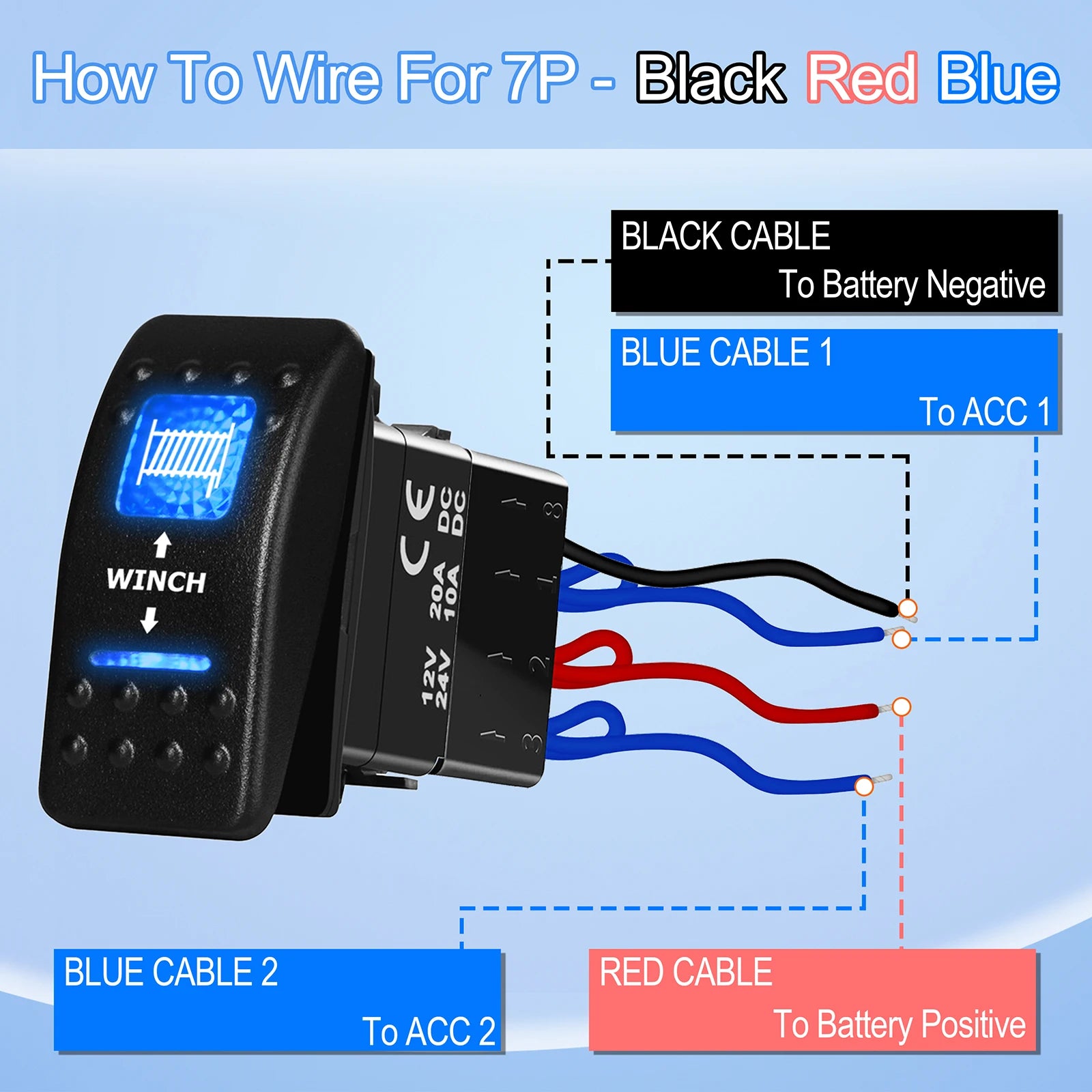 Wiring diagram for a winch switch with colored cables labeled on a blue background