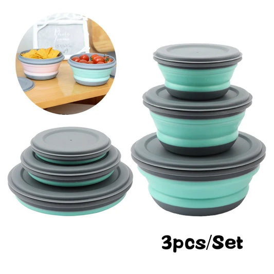 Set of three collapsible bowls with gray lids on a white background