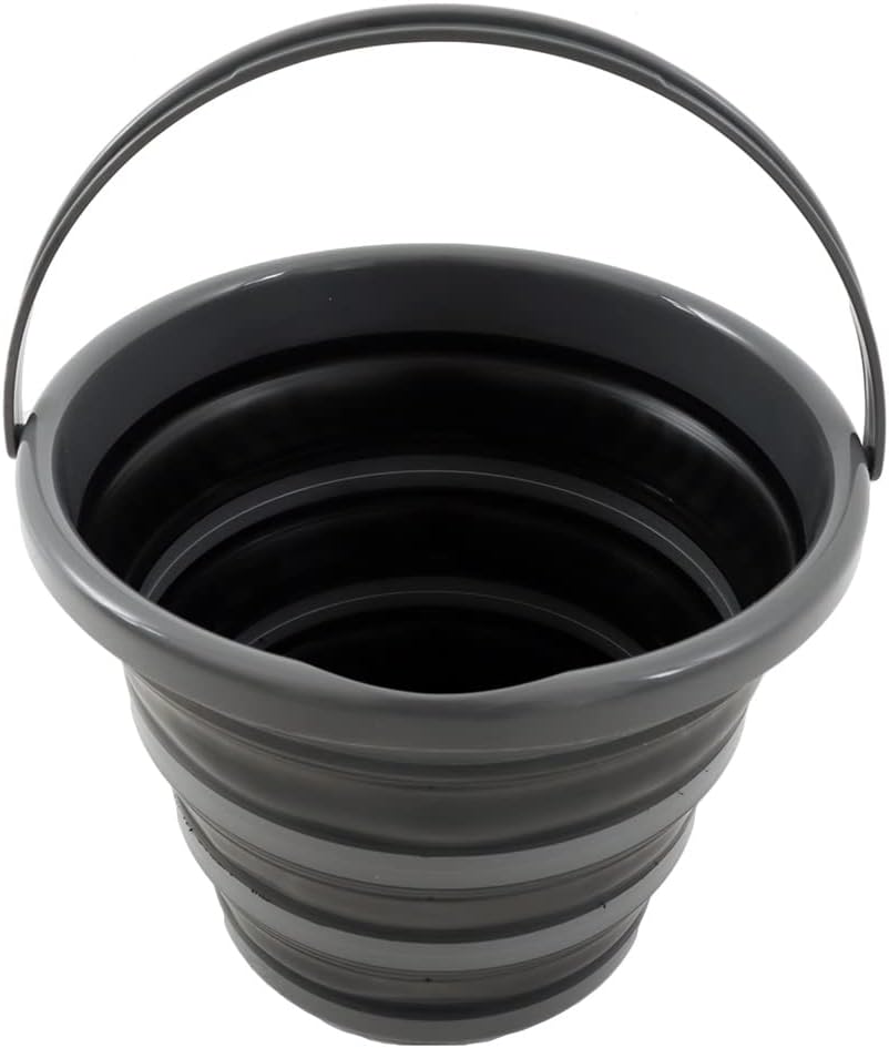 Collapsible black bucket on a white background