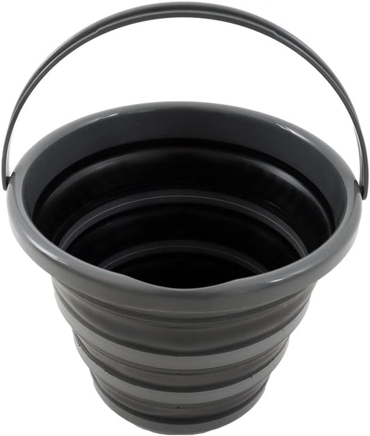 Collapsible black bucket on a white background