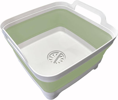 Green and white plastic basin with handles on a white background