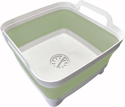 Green and white plastic basin with handles on a white background