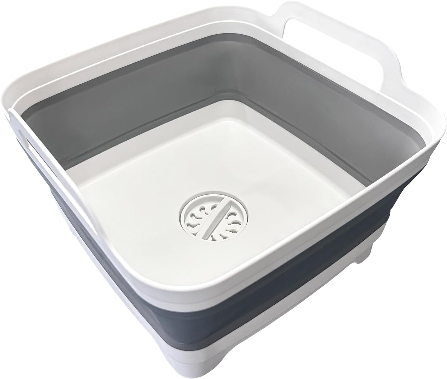 Collapsible washing basin with gray interior and white exterior on a white background