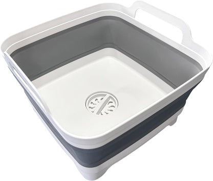 Collapsible washing basin with gray interior and white exterior on a white background