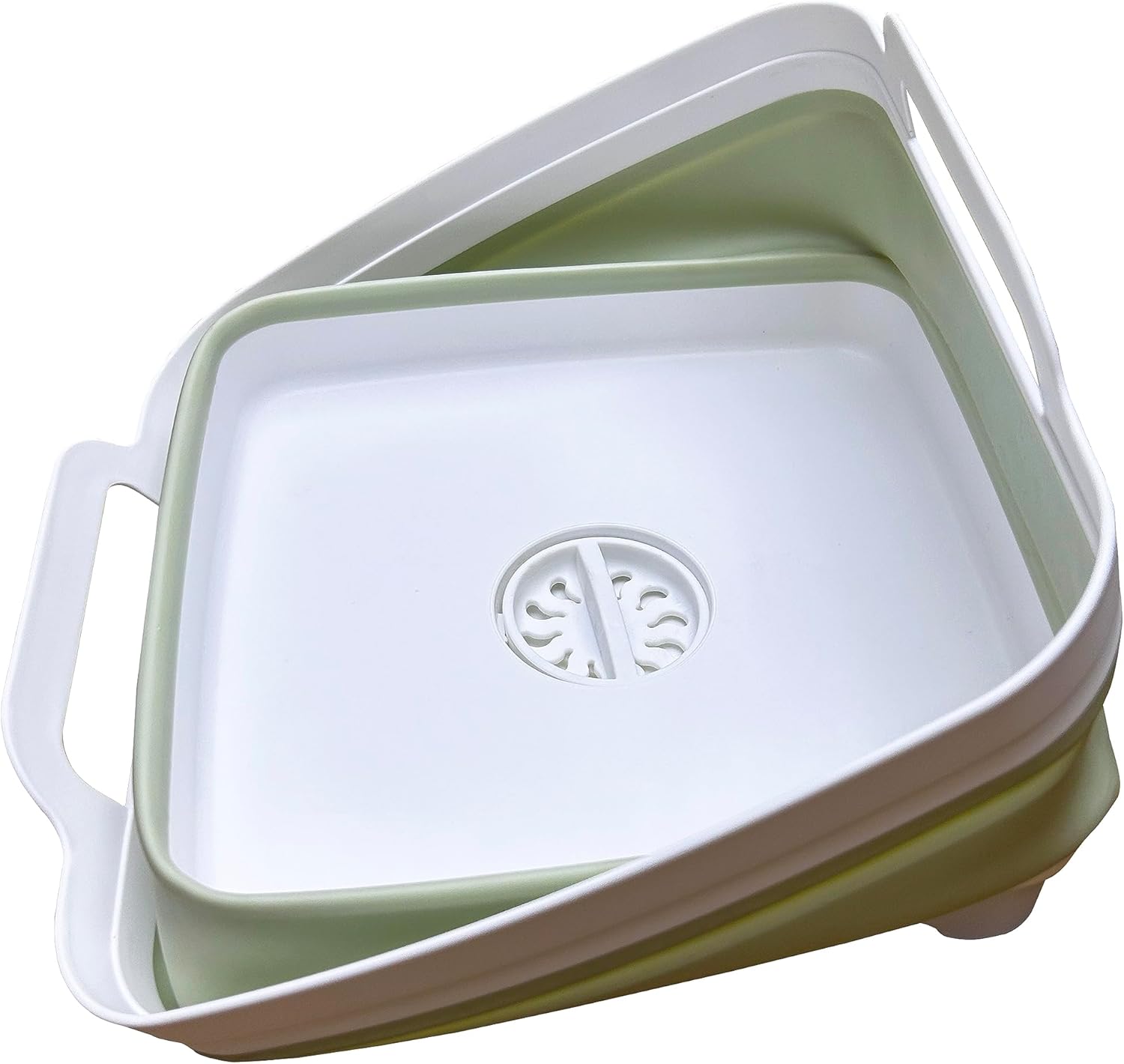 Stackable plastic containers with lids on a white background